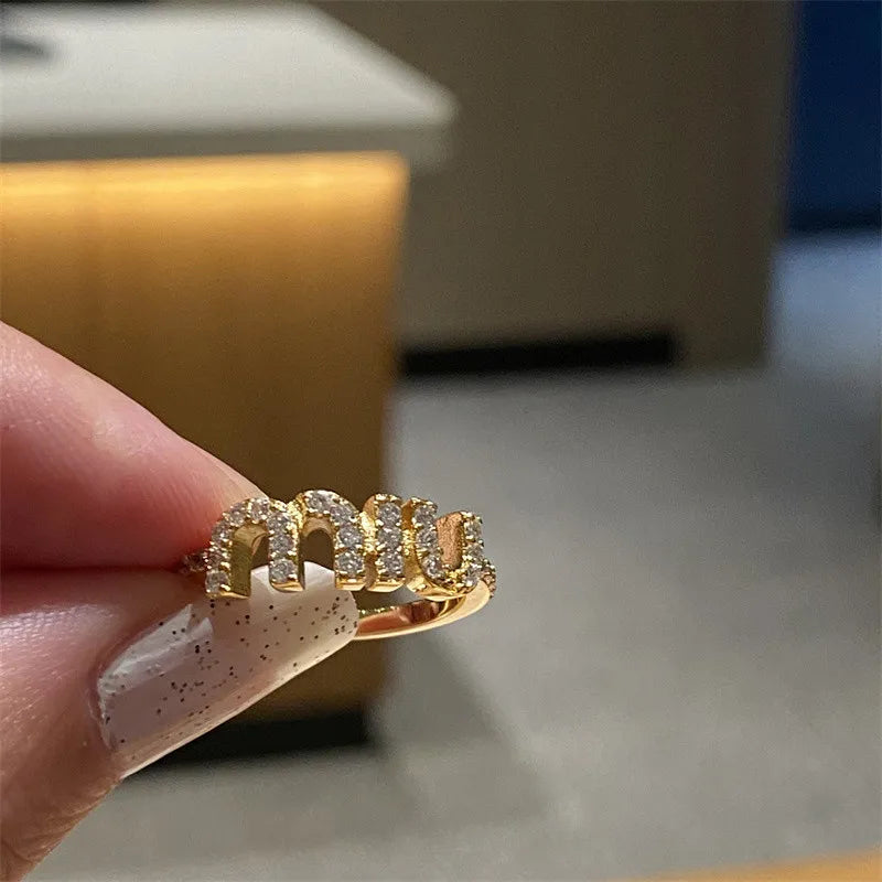 2024 Korean New Letter M Crystal Zircon Adjustable Ring for Women Gold Color Couple Rings Elegant Women's Daily Work Accessories