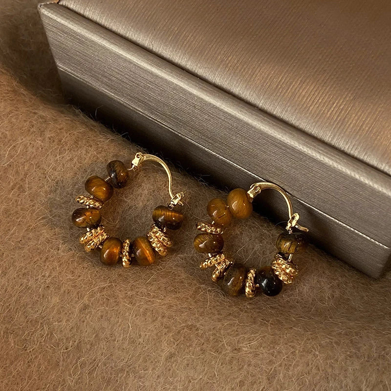 Gold Plating Dripping Coffee Color Tiger's-eye Stone Round U-shaped Hoop Earrings for Women Vintage Ear Buckles Fashion Jewelry