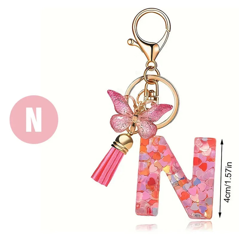 A-Z Dreamy Sequin Letters Keychain for Women Tassel Butterfly Pendant Initial Keyring Purse Suspension Bags Charms Car Key Chain