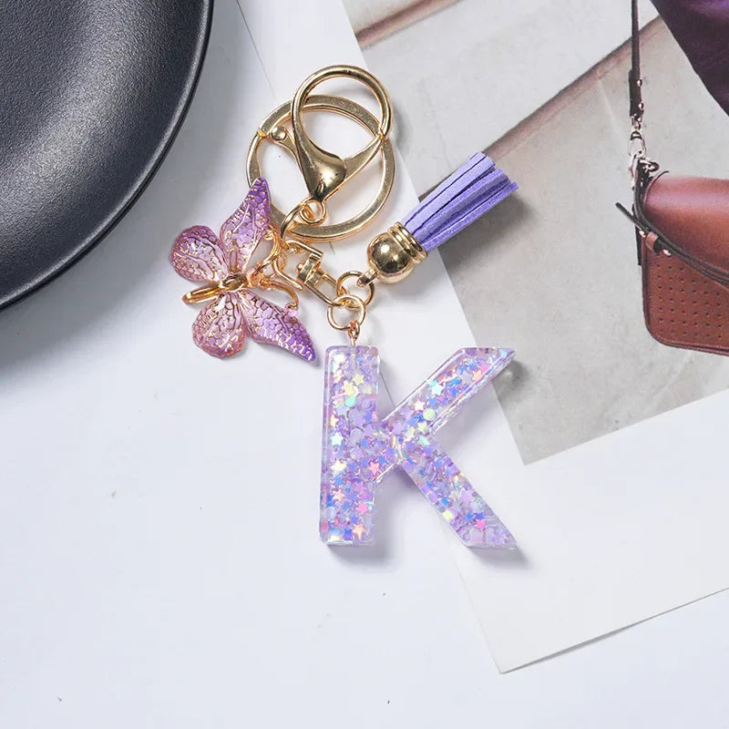 Cute Butterfly Tassel Letter Keychain Purple Stars Sequins Filled Resin A to Z Letter Keyring for Women Purse Charm Festive Gift