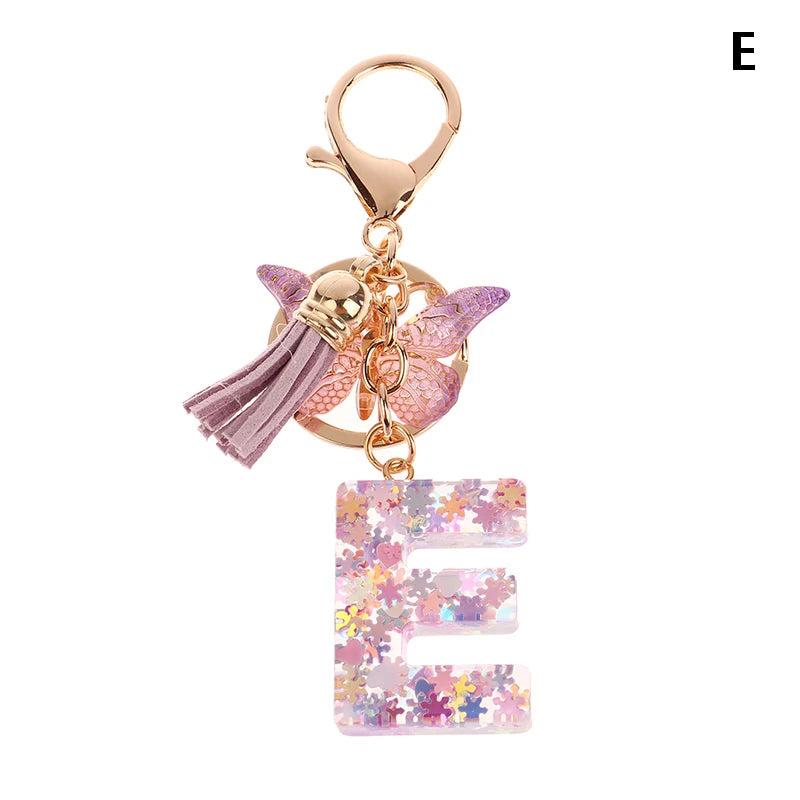 A-Z Dreamy Sequin Letters Keychain For Women Tassel Butterfly Pendant Initial Keyring Purse Suspension Bags Charms Car Key Chain