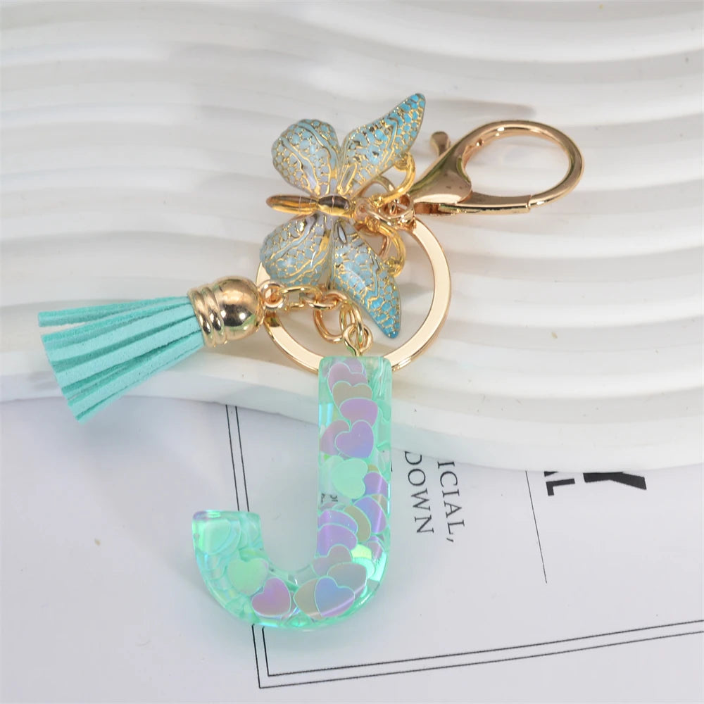 Fashion Green Tassel Butterfly 26Letter Keychain Heart-shaped Sequin Filled Resin Alphabet Keyring for Women Car Handbag Pendant