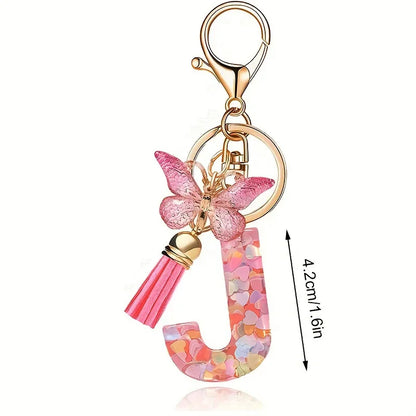 A-Z Dreamy Sequin Letters Keychain for Women Tassel Butterfly Pendant Initial Keyring Purse Suspension Bags Charms Car Key Chain