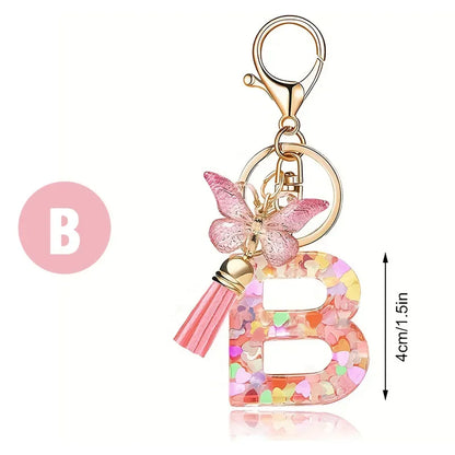 A-Z Dreamy Sequin Letters Keychain for Women Tassel Butterfly Pendant Initial Keyring Purse Suspension Bags Charms Car Key Chain