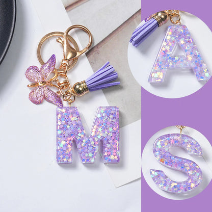 A To Z Purple Stars Filled Letter Keychain 26 Initials Alphabet Butterfly Tassel Charms Keyrings Bag Ornament Car Trinket Gift