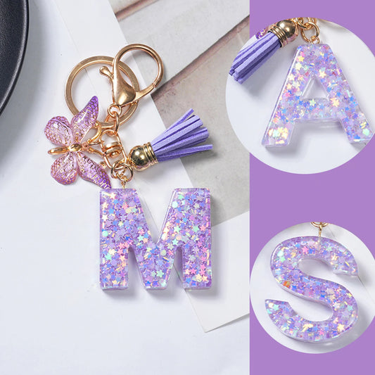 A To Z Purple Stars Filled Letter Keychain 26 Initials Alphabet Butterfly Tassel Charms Keyrings Bag Ornament Car Trinket Gift