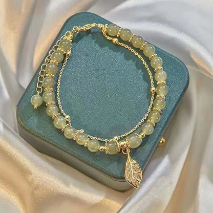 Chinese Style Green Hetian Jade Bracelet For Women Vintage Gold Color Leaves Double Layer Beaded Bracelet Jewelry Gifts