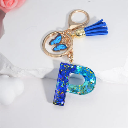 26 English Alphabet Letter Tassels Keychain Crystal Acrylic Butterfly Pendent Key Chain Women Gift Fashion Jewelry Accessories