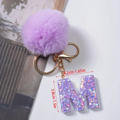 A-Z 26 Alphabet Letter keychain resin star sequin key ring cute purple plush ball keychain women's bag pendant fashion gift