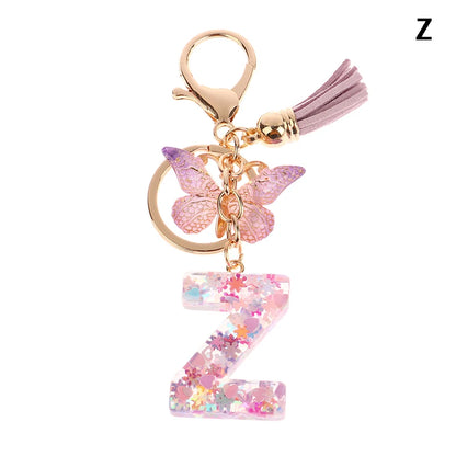 A-Z Dreamy Sequin Letters Keychain For Women Tassel Butterfly Pendant Initial Keyring Purse Suspension Bags Charms Car Key Chain