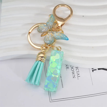 Fashion Green Tassel Butterfly 26Letter Keychain Heart-shaped Sequin Filled Resin Alphabet Keyring for Women Car Handbag Pendant