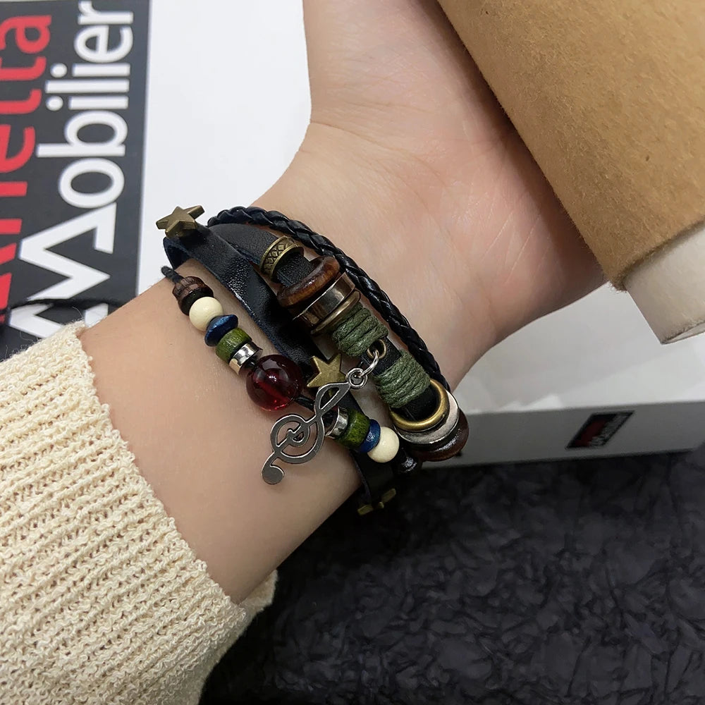 Handmade Hippie Design Brown Leather Bracelet Women Metal Star Note Charms Wood Button Beads Wrap Unisex Adjustable Bracelet