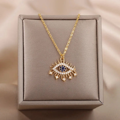 Trend Zircon Devil's Eye Pendant Necklace For Women Gold Color Stainless Steel Double Layer Lip Chain Choker Jewelry Wholesale