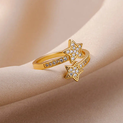 Zircon Double Star Rings For Women Girls Stainless Steel Gold Color y2k Ring 2024 New Trending Wedding Party Aesthetic Jewelry