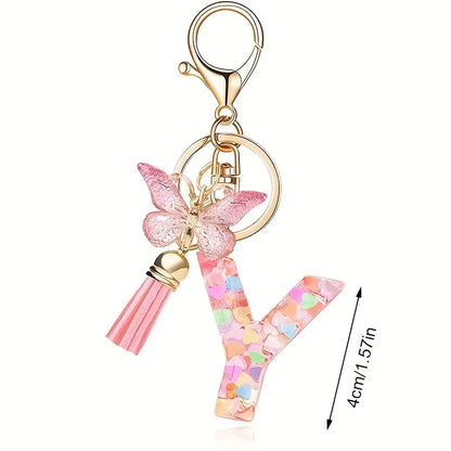 A-Z Dreamy Sequin Letters Keychain for Women Tassel Butterfly Pendant Initial Keyring Purse Suspension Bags Charms Car Key Chain