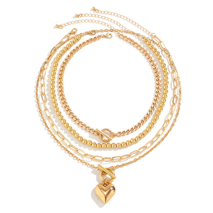 4Pcs/Set Punk Gold Color Heart Pendant Necklace for Women 2024 Trendy OT Buckle Beaded Neck Chain Choker Y2K Jewelry Accessories