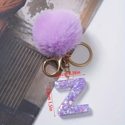 A-Z 26 Alphabet Letter keychain resin star sequin key ring cute purple plush ball keychain women's bag pendant fashion gift