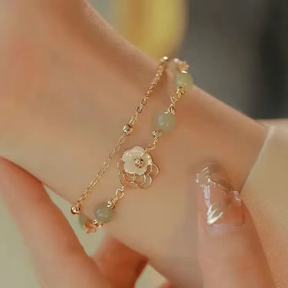 Chinese Style Green Hetian Jade Bracelet For Women Vintage Gold Color Leaves Double Layer Beaded Bracelet Jewelry Gifts