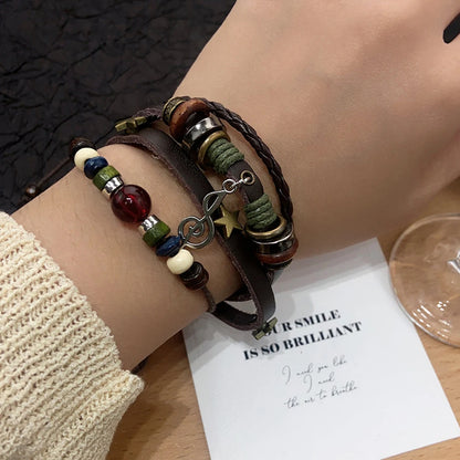 Handmade Hippie Design Brown Leather Bracelet Women Metal Star Note Charms Wood Button Beads Wrap Unisex Adjustable Bracelet