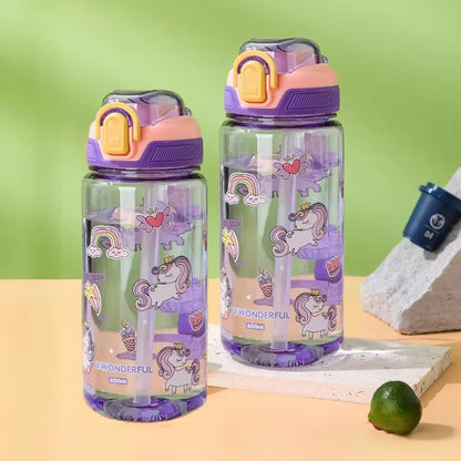 600ML Children Cartoon Animal Water Bottle Cup with Straw Portable Student Anti-falling Water Bottle Toddlers Beverage Kettle
