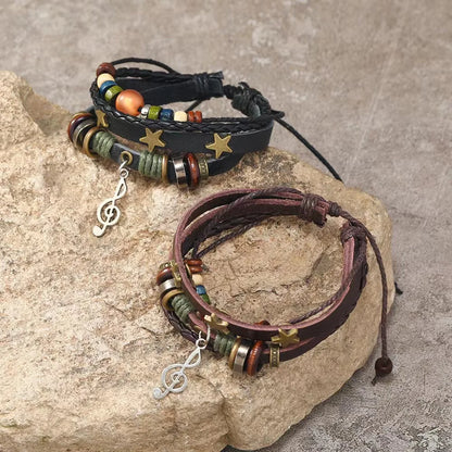 Handmade Hippie Design Brown Leather Bracelet Women Metal Star Note Charms Wood Button Beads Wrap Unisex Adjustable Bracelet