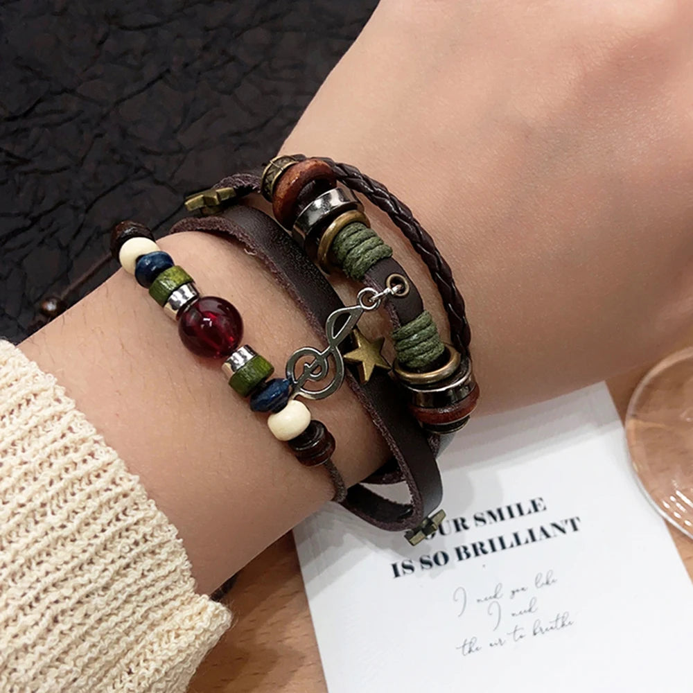Handmade Hippie Design Brown Leather Bracelet Women Metal Star Note Charms Wood Button Beads Wrap Unisex Adjustable Bracelet