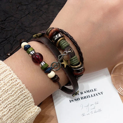 Handmade Hippie Design Brown Leather Bracelet Women Metal Star Note Charms Wood Button Beads Wrap Unisex Adjustable Bracelet