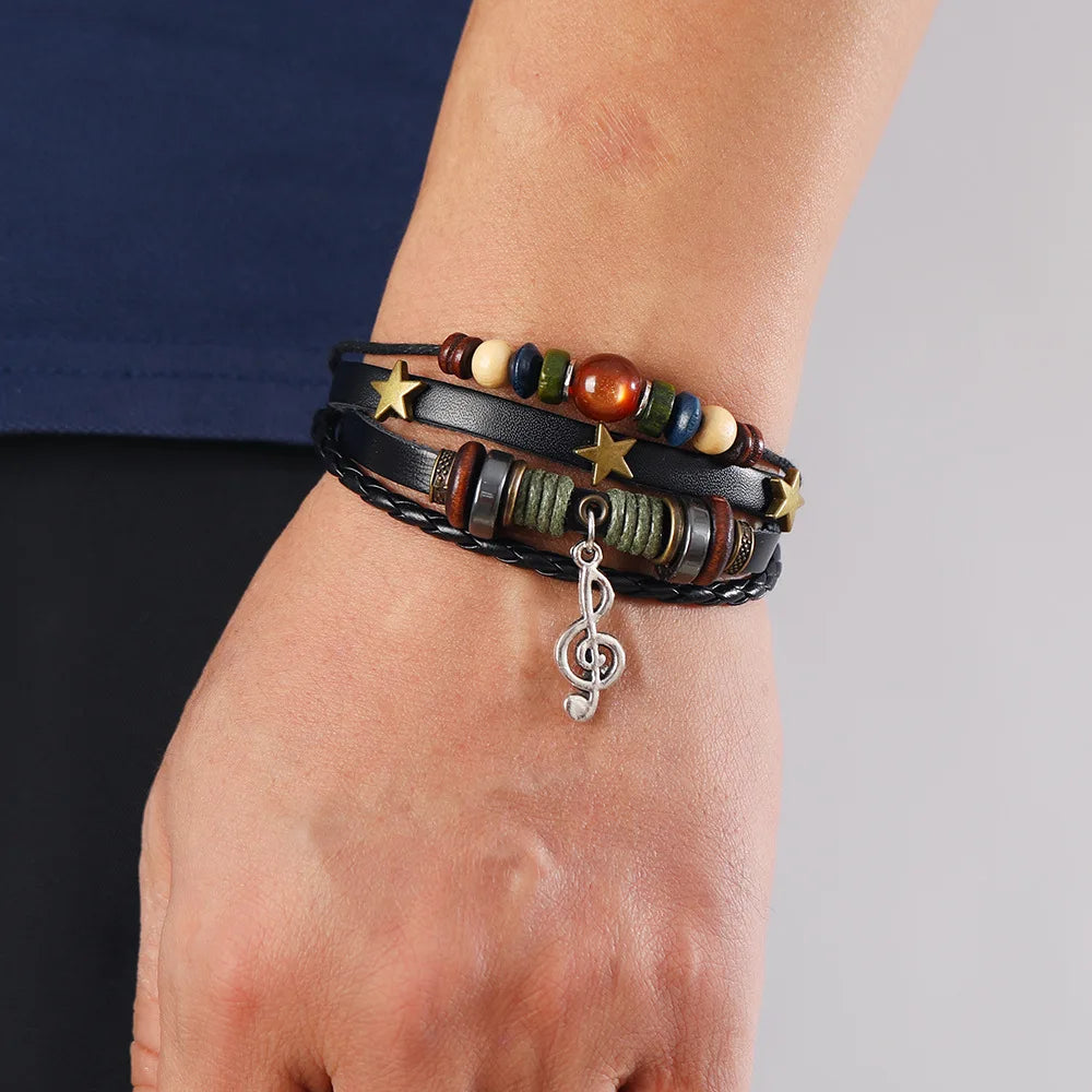 Handmade Hippie Design Brown Leather Bracelet Women Metal Star Note Charms Wood Button Beads Wrap Unisex Adjustable Bracelet