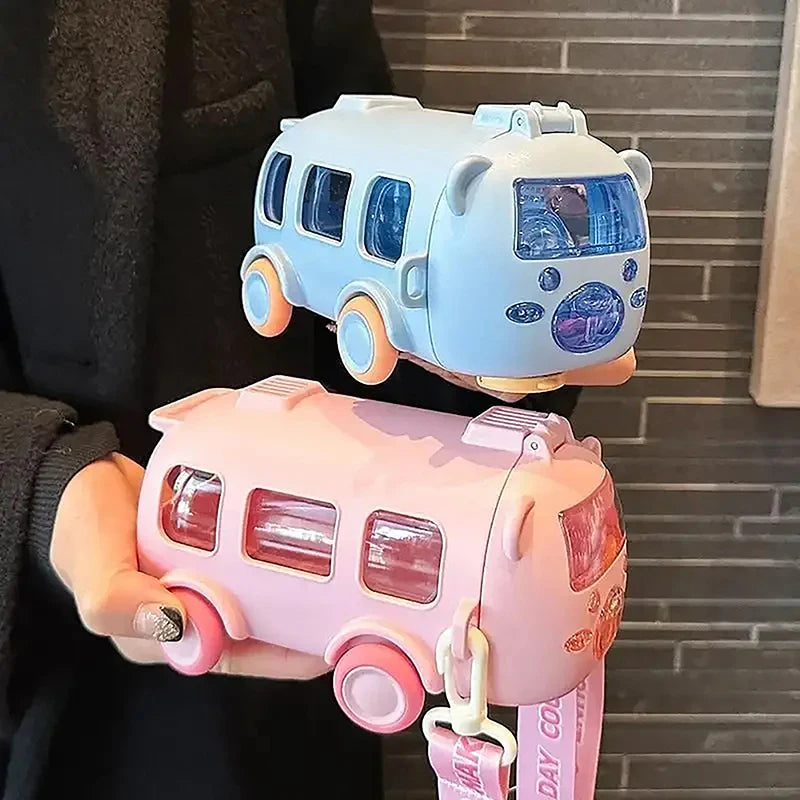 500ml Cute Portable Water Bottle With Shoulder Strap Kids Car Straw Water Cup Bus Shape Children's Water Bottle Drinking Cup