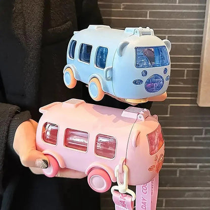 500ml Cute Portable Water Bottle With Shoulder Strap Kids Car Straw Water Cup Bus Shape Children's Water Bottle Drinking Cup