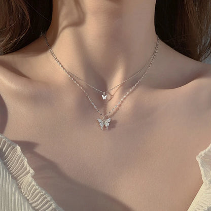 New 925 Sterling Silver Shiny Butterfly Pendent Necklace Women Exquisite Double Layer Clavicle Chain Necklace Jewelry Gift