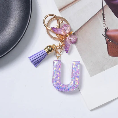 Cute Butterfly Tassel Letter Keychain Purple Stars Sequins Filled Resin A to Z Letter Keyring for Women Purse Charm Festive Gift