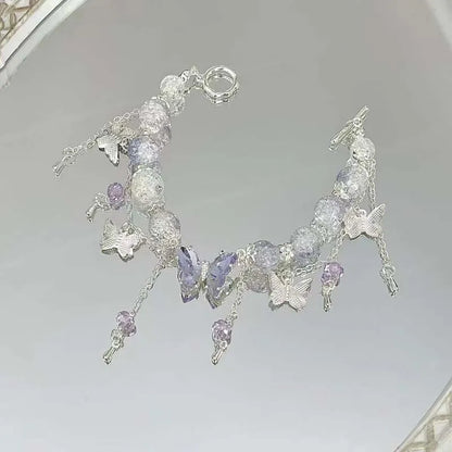 Korean Pink Crystal Flowers Butterfly Pendant Beaded Bracelet For Women Sweet Beaded Chain Bracelet Jewelry Gifts