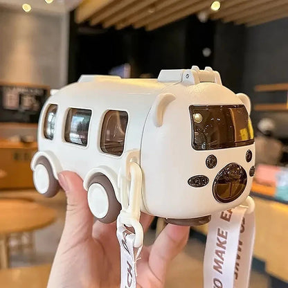 500ml Cute Portable Water Bottle With Shoulder Strap Kids Car Straw Water Cup Bus Shape Children's Water Bottle Drinking Cup