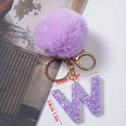 A-Z 26 Alphabet Letter keychain resin star sequin key ring cute purple plush ball keychain women's bag pendant fashion gift
