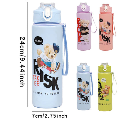 Cute Bear Cartoon Water Bottle 750ML with Straw Leak-Proof Portable Handle for Kids Ideal for Outdoor Activities Drink Bottle