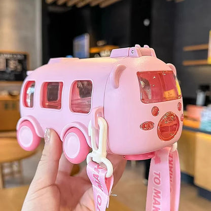 500ml Cute Portable Water Bottle With Shoulder Strap Kids Car Straw Water Cup Bus Shape Children's Water Bottle Drinking Cup