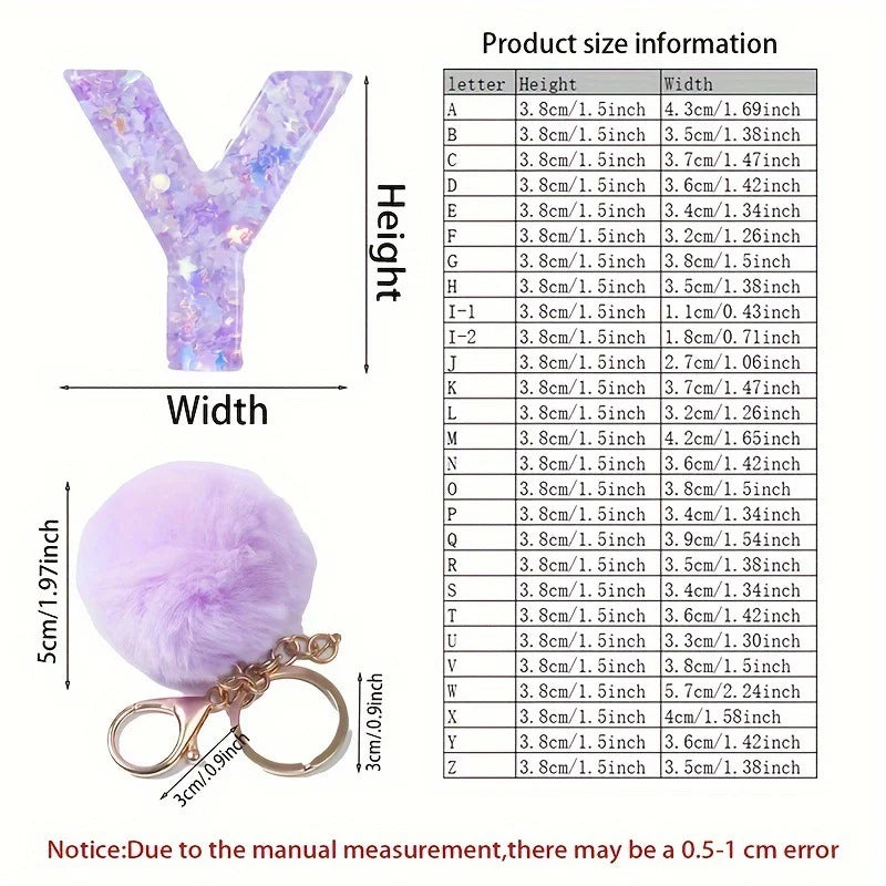 A-Z 26 Alphabet Letter keychain resin star sequin key ring cute purple plush ball keychain women's bag pendant fashion gift