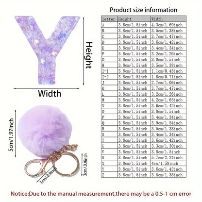 A-Z 26 Alphabet Letter keychain resin star sequin key ring cute purple plush ball keychain women's bag pendant fashion gift