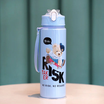 Cute Bear Cartoon Water Bottle 750ML with Straw Leak-Proof Portable Handle for Kids Ideal for Outdoor Activities Drink Bottle