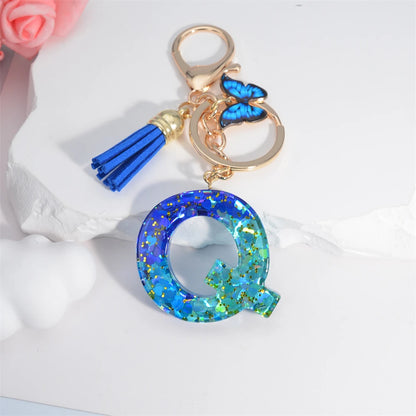 26 English Alphabet Letter Tassels Keychain Crystal Acrylic Butterfly Pendent Key Chain Women Gift Fashion Jewelry Accessories