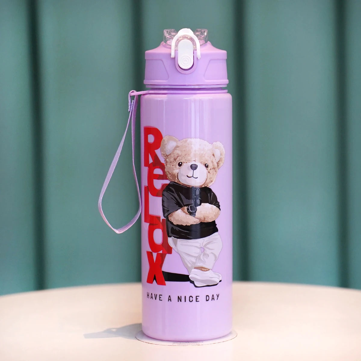 Cute Bear Cartoon Water Bottle 750ML with Straw Leak-Proof Portable Handle for Kids Ideal for Outdoor Activities Drink Bottle