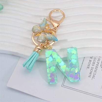 Fashion Green Tassel Butterfly 26Letter Keychain Heart-shaped Sequin Filled Resin Alphabet Keyring for Women Car Handbag Pendant