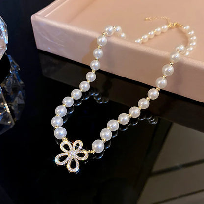 2023 New Fashion Trend Unique Design Delicate Vintage Zircon Flower Pearl Necklace Women Jewelry Wedding Party Premium Gift