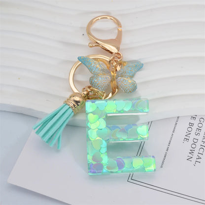 Fashion Green Tassel Butterfly 26Letter Keychain Heart-shaped Sequin Filled Resin Alphabet Keyring for Women Car Handbag Pendant