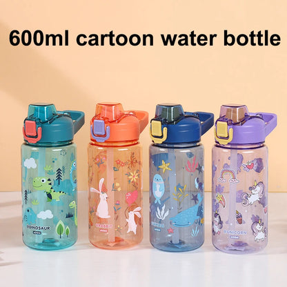 600ML Children Cartoon Animal Water Bottle Cup with Straw Portable Student Anti-falling Water Bottle Toddlers Beverage Kettle