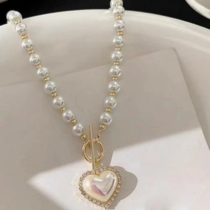 Korean Elegant Big White Imitation Pearl Bead Necklace for Women Heart Shaped Necklace Sweet Wedding Party Jewelry Girls Gifts