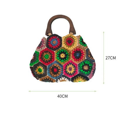 Bohemian Granny SquareCrochet Women Handbags Vintage Wooden Knitted Hand Bags Handmade Woven Large Tote Big Shopper Purses 2023