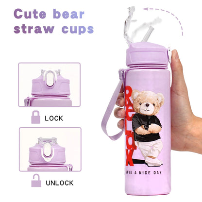 Cute Bear Cartoon Water Bottle 750ML with Straw Leak-Proof Portable Handle for Kids Ideal for Outdoor Activities Drink Bottle