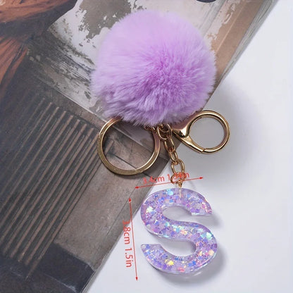A-Z 26 Alphabet Letter keychain resin star sequin key ring cute purple plush ball keychain women's bag pendant fashion gift